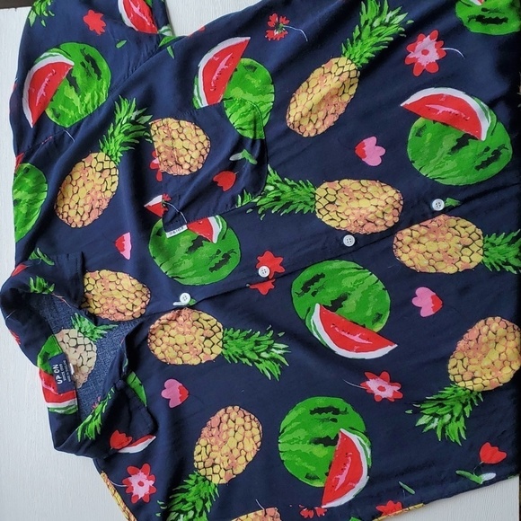 Up On Navy Bright Colorful Fruit & Flower Hawaiian Style Button Down Shirt XL - Picture 1 of 6
